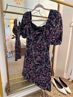 French Connection Black Mini Dress with Pink Floral Print beautiful condition!